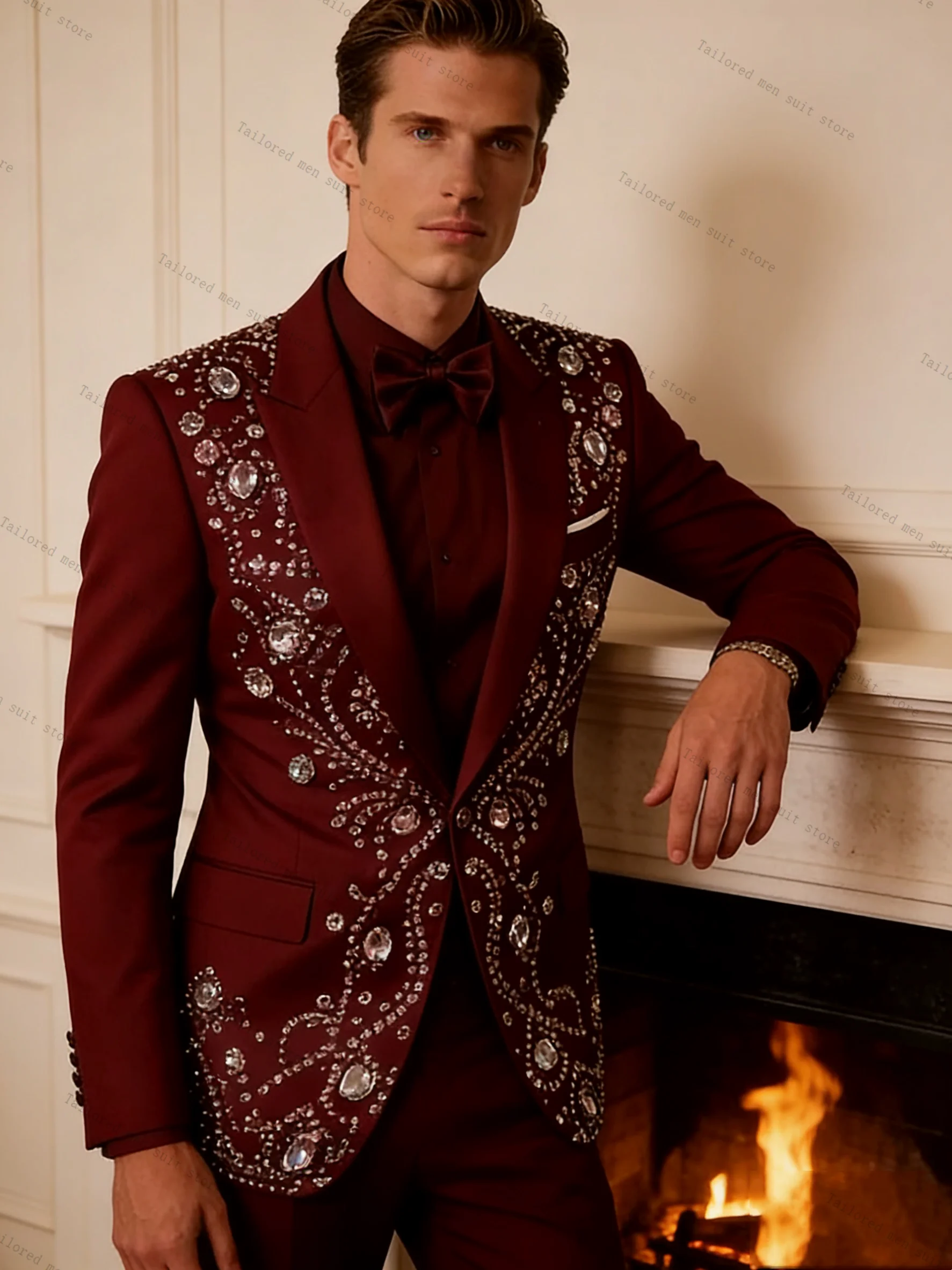 

Burgundy Crystals Men Suits Pants Set 2 Pcs Blazer+Trousers Groom Wedding Tuxedos Jacket Formal Office Business Coat Outfit