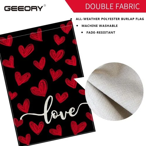 GEEORY Valentines Day Red  Black Love Hearts Garden Flag 12 x 18 Inch - Doubl... OOV IIC