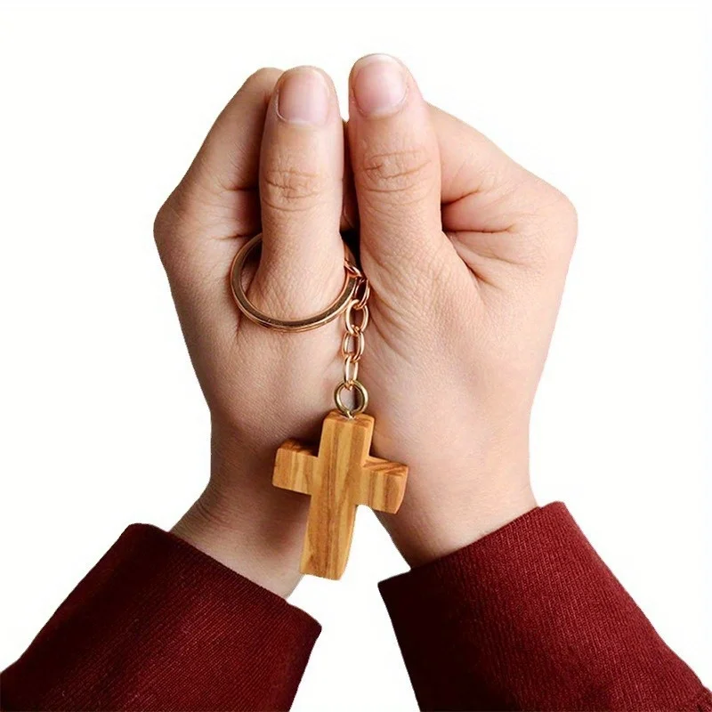 Olive Wood Cross Keychain Creative Handmade Wooden Cross Pendant DIY Decoration Pendant Holiday Gift