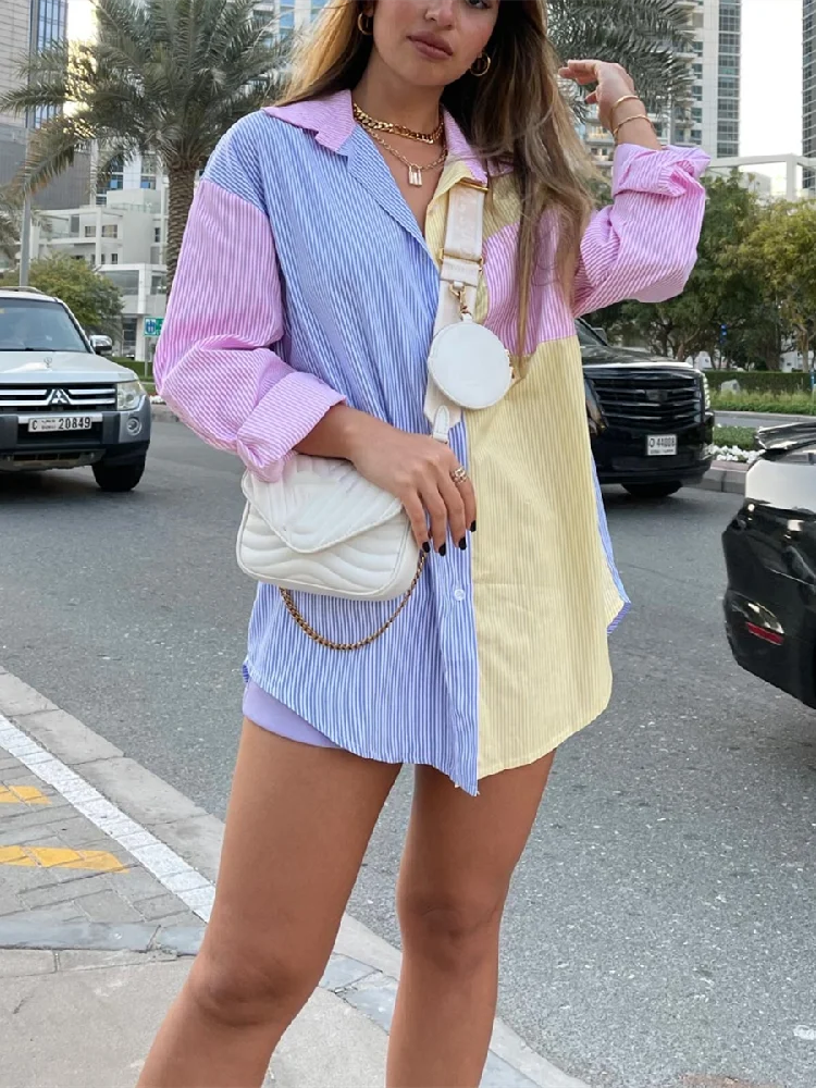 Sweet Woman Loose Colorful Stripe Shirts 2022 Spring Casual Oversized Patchwork Buttoon Tops Girls Sweety Shirt