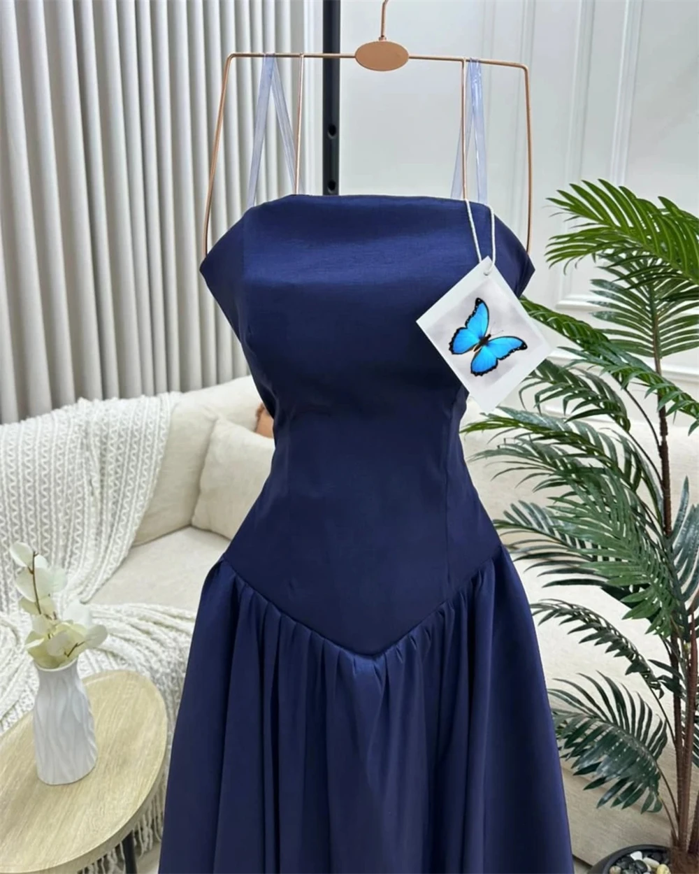 Customized Exquisite Blue Satin Strapless Vestido De Festa Sleeveless A-Line Bespoke Occasion Gowns Floor Length Evening Dresses