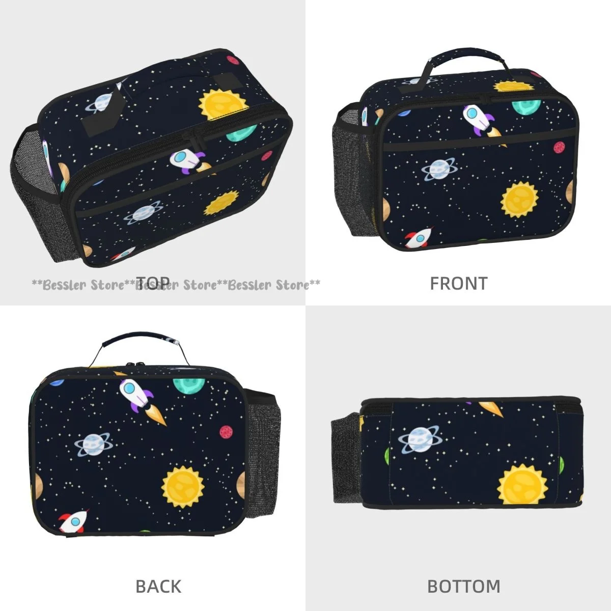Space Planets Spaceship Tote Lunch Bag Insulated Cooler Bag Easy Clean Food Handbag for Daily Travel Picnic