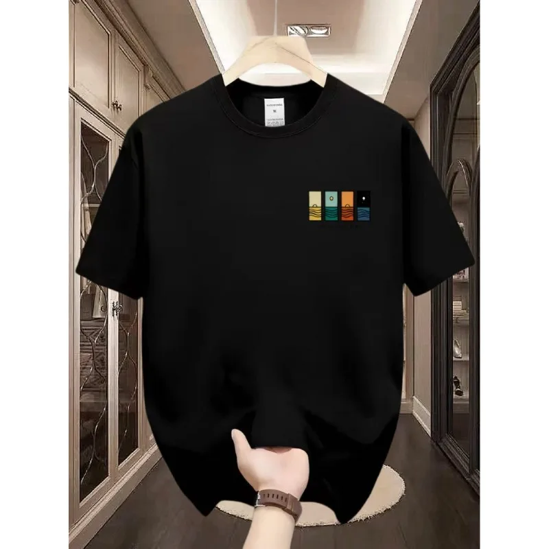 Men Minimal Chest Print Tee Sea Sunset Four Blocks One Day At A Time Cotton Short Sleeve Crew Neck Casual Summer Daily Basic Top