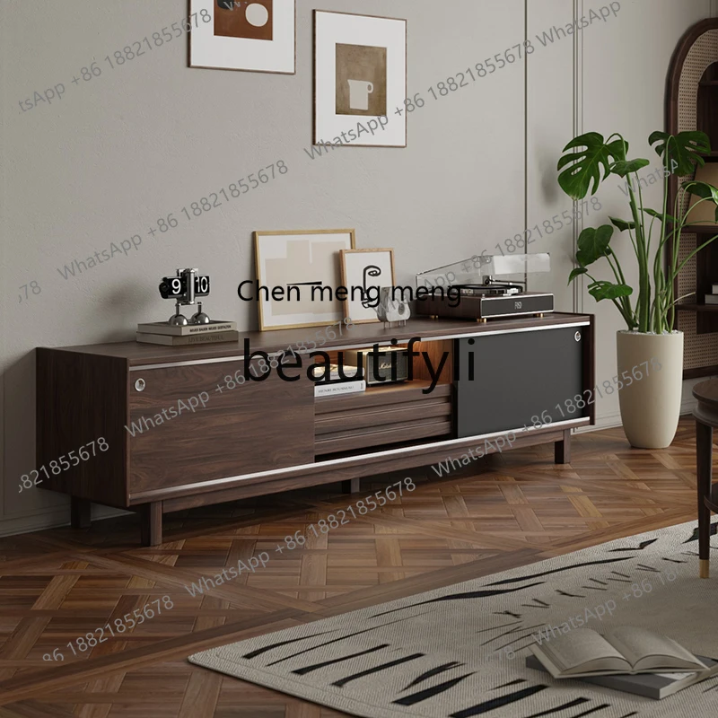Black walnut TV cabinet living room combination coffee table fashionable multi-functional storage retro floor cabinet