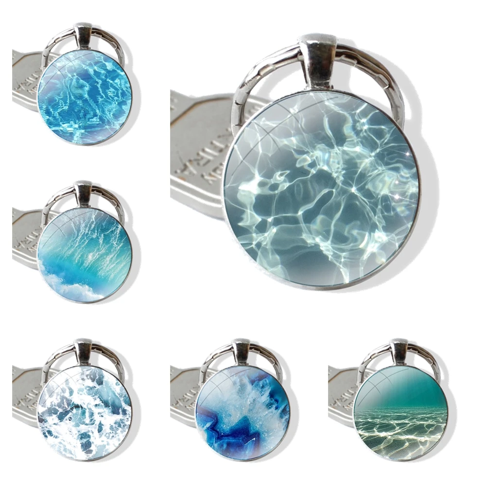 Keychain Handmade Glass Cabochon Key Ring Holder Pendant Key Chains waves ocean water light refraction