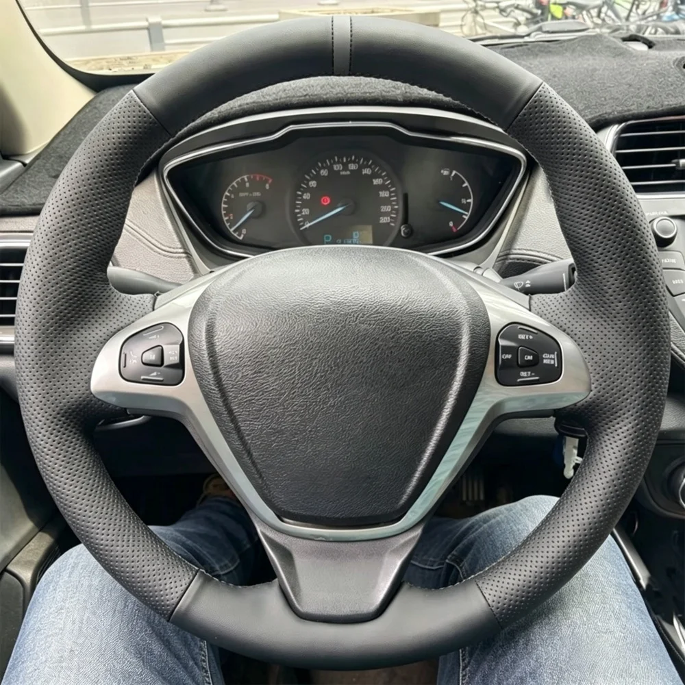 Car Interior Hand Stitched Perforated Non-slip Microfiber Leather 2008-2017 Steering Wheel Cover For Ford EcoSport Fiesta