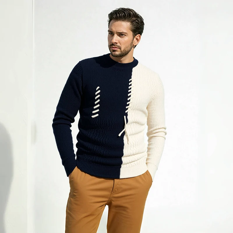 Autumn Winter Men's Thickened Knitted Sweater Trendy Korean Version Casual Scene Patchwork Pullovers
