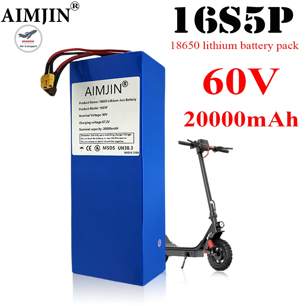 100% New 60v battery 20000mAH 16s5p 18650 Lithium Battery Pack with BMS for Motorcycle, scooter, Bicycle 2000W Motor