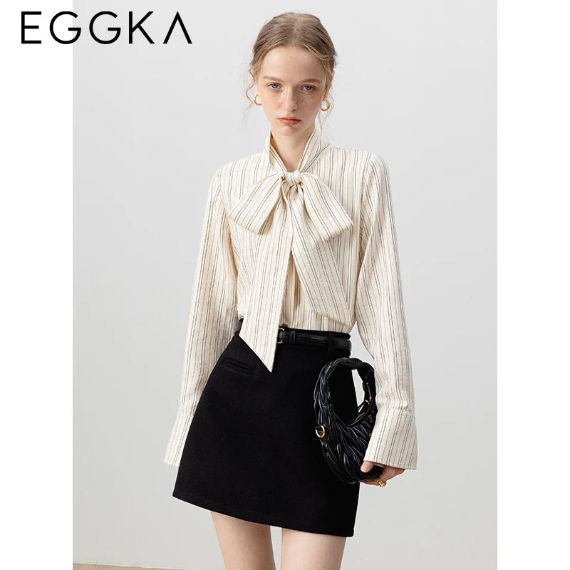 EGGKA Bow Bandage Striped Blouse Women\'s Autumn Casual Shirts Commuter Long-sleeve Shirt Korean Fashion OL Blue Blouse Camisas