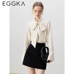 EGGKA Bow Bandage Striped Blouse Women's  Autumn Casual Shirts Commuter Long-sleeve Shirt Korean Fashion OL Blue Blouse Camisas