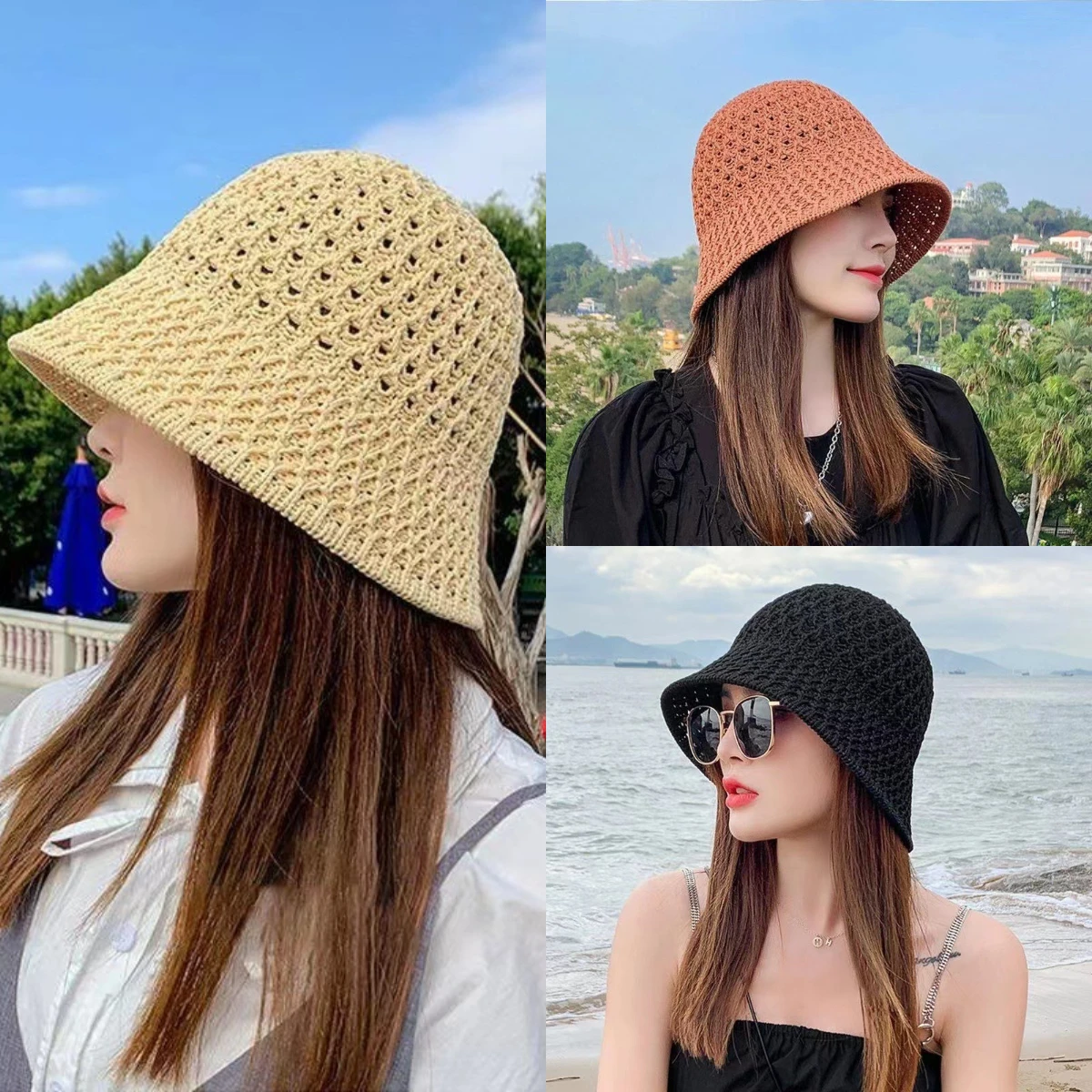 

Layered Hollow Knit Bucket Hat Solid Color UPF Sun Protection Fisherman Hat for Outdoor Cycling Beach Travel
