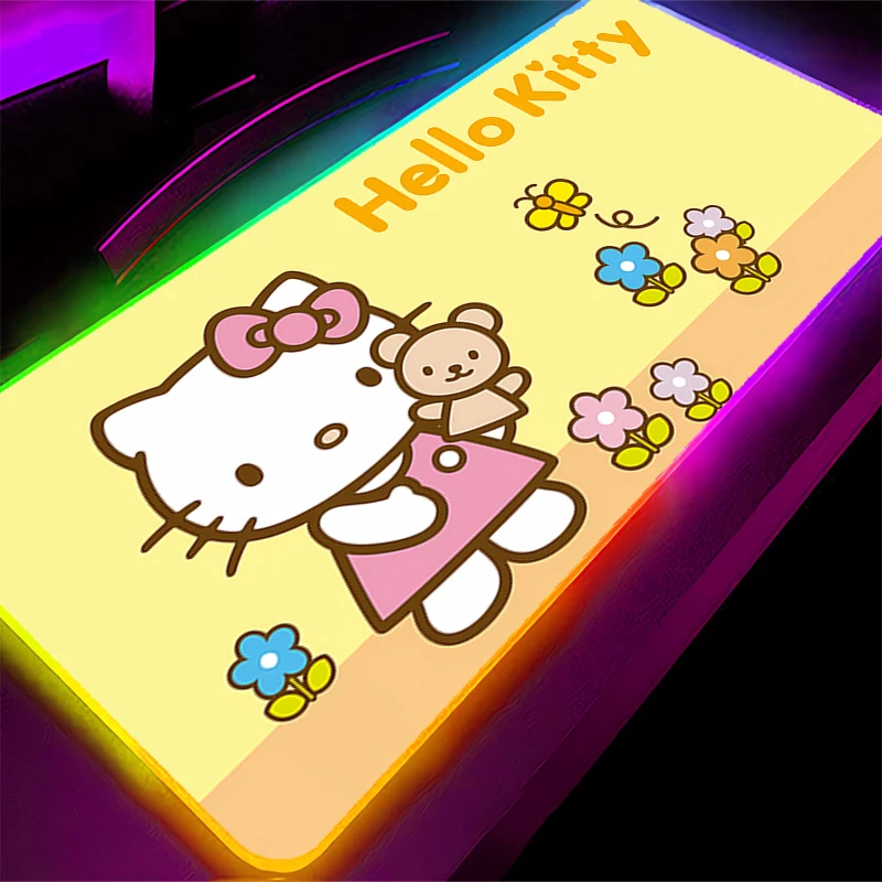 Backlight mouse pad hello kitty gamer tapete de mesa computador anime rgb mousepad notbook grande teclado acessórios de jogos mausepad