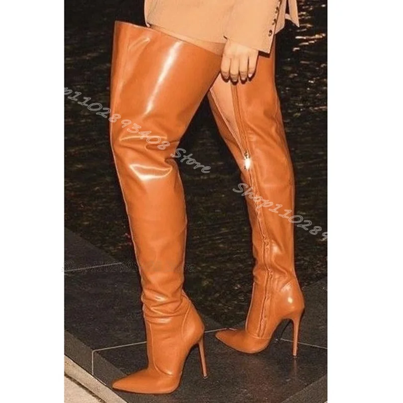 

Brown Pointed Toe Stiletto Boots Side Zipper Solid British Style Fashion Casual Party Over Knee Boots 2024 Zapatos Para Mujere