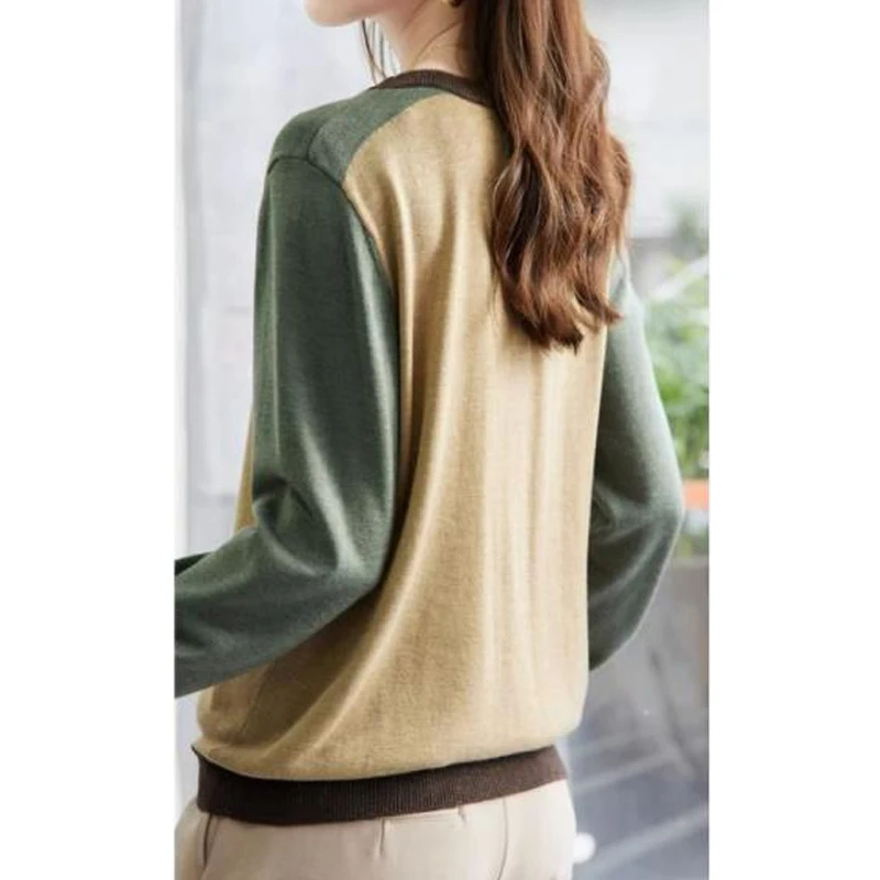 Womens Clothing Trendy Vintage Contrast Color Patchwork Chic Knitwear Spring Autumn Casual O Neck Long Sleeve Slim Pullover Tops