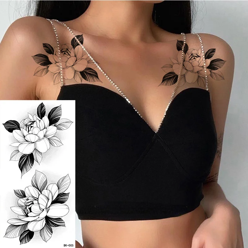 Large Size Black Flower Pattern Fake Tattoo Sticker for Women Dot Rose Peony Temporary Tattoos DIY Water Transfer Tattoos Girls
