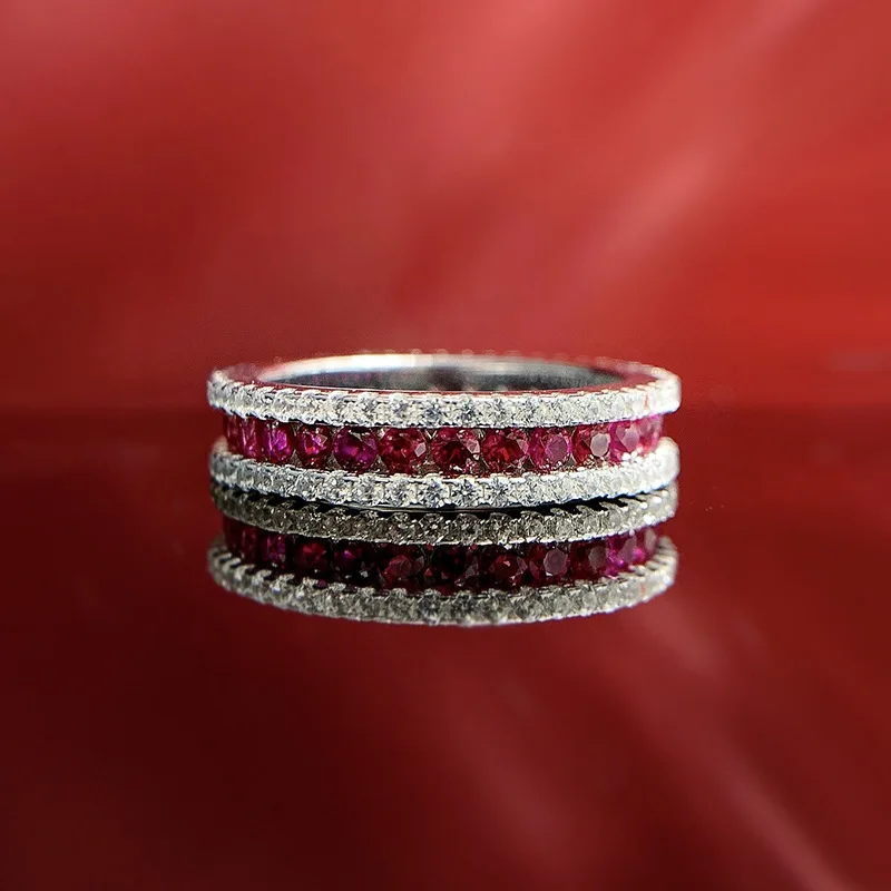 Eternity Ruby Diamond Ring 100% Echt 925 Sterling Zilveren Party Wedding Band Ringen Voor Vrouwen Mannen Engagement Sieraden Verjaardagscadeau