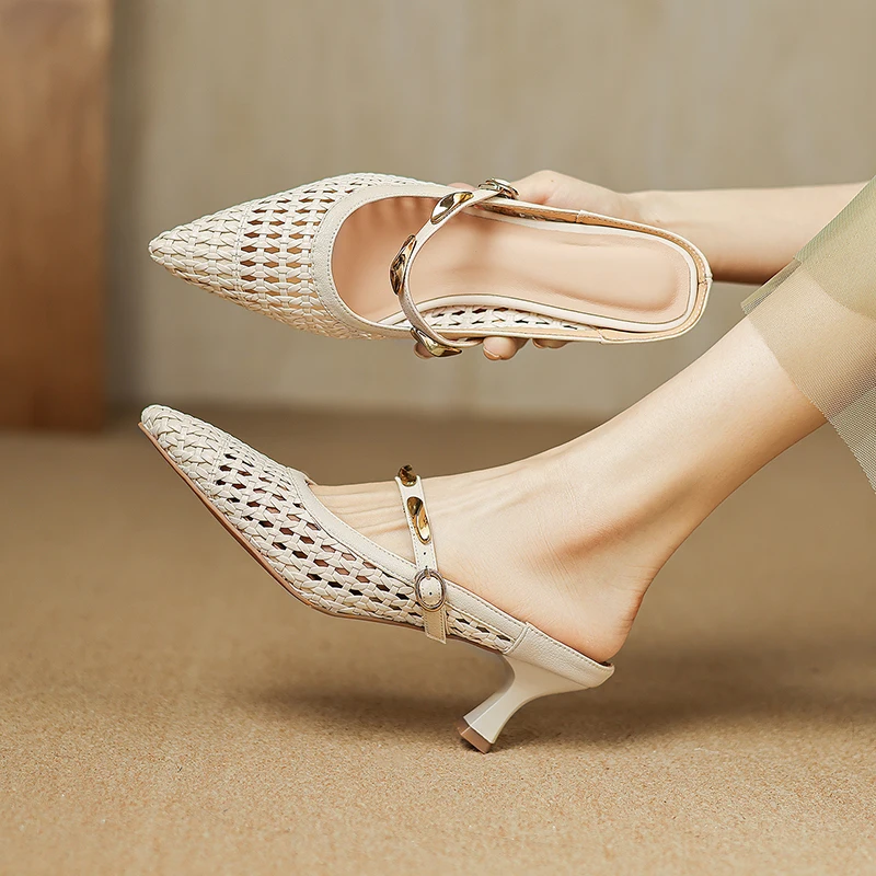 

2026 new summer women sandals natural leather 22-25cm cowhide+mesh+pigskin+sheepskin buckle mules high heel women slippers