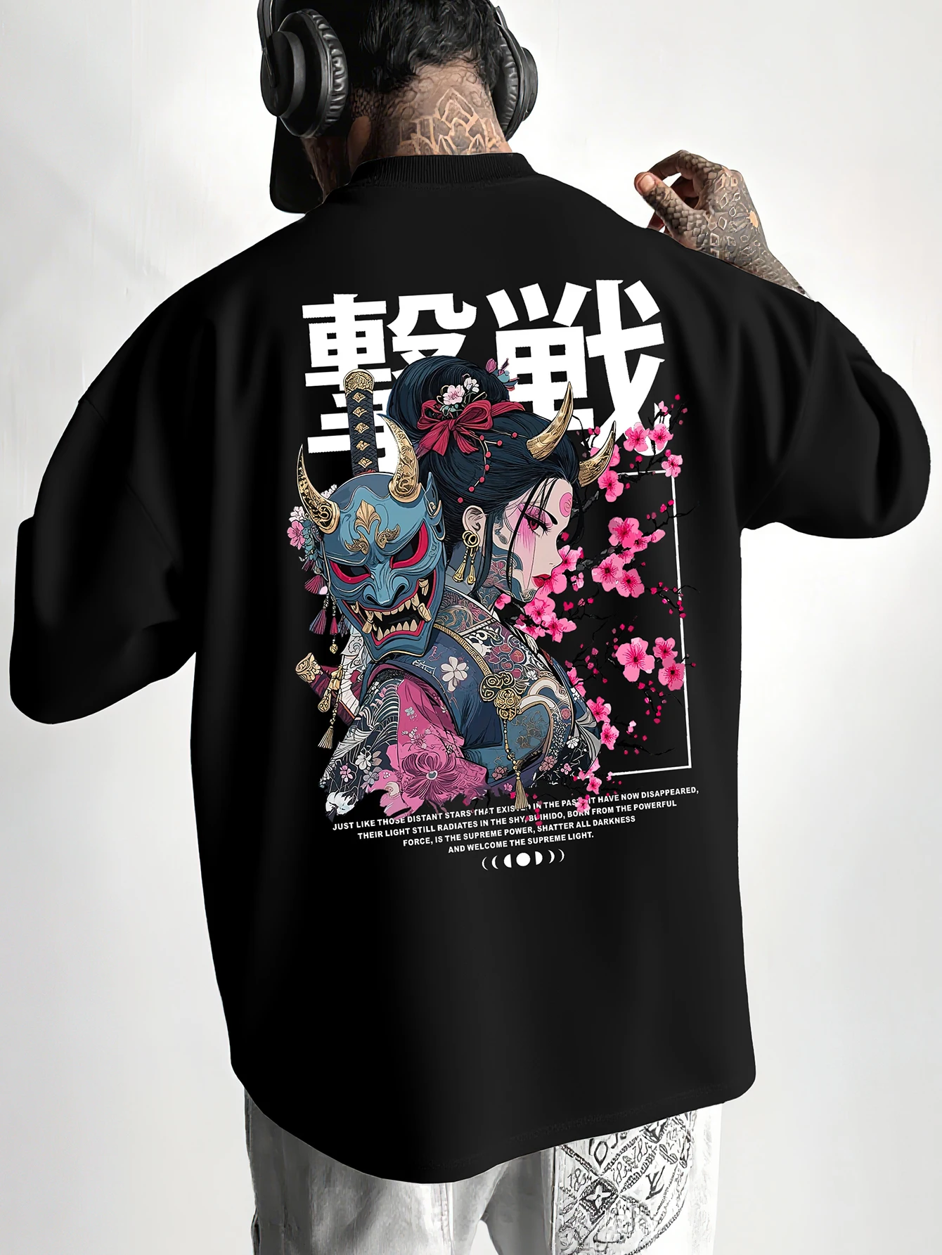 Men's Oversized Japanese Streetwear T-shirt Brand Hannya Mask Geisha Samurai Cherry Blossom Graphic Print Loose Fit Cotton Short
