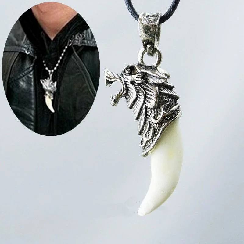 New Fashion Antique Silver Wolf Tooth Pendant Necklace Tribal Carved Wolf Fang Tooth Pendant Faux Leather Rope Necklaces for Men