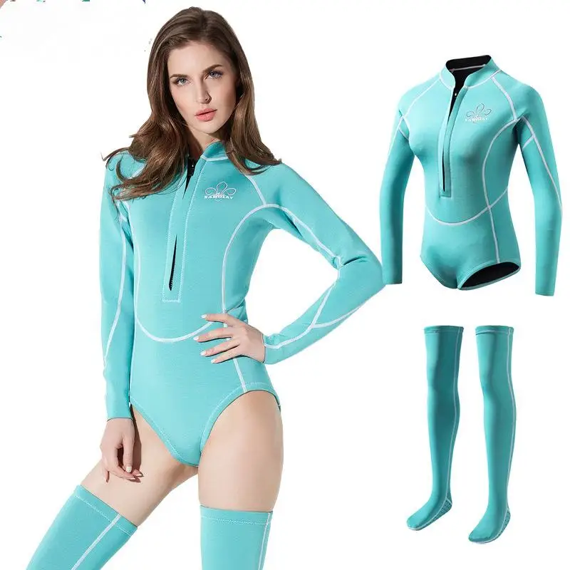 One-Piece Swimsuit Women Uv Protection Long-Sleeve Surfing Wetsuit Diving Quick Drying Zipper Snorkeling Swimwear with Stocking