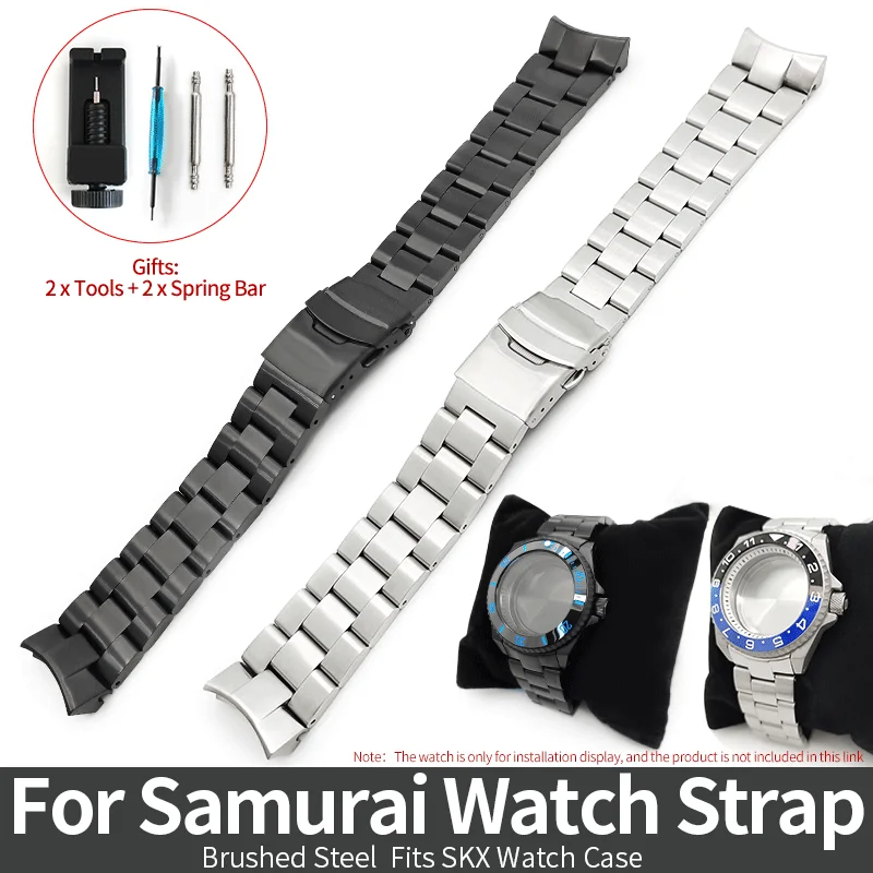 For Samurai Steel Strap MOD Fits SKX Watch Case 22mm Curved Solid End Links Brushed Bracelet Watches Parts With Tools