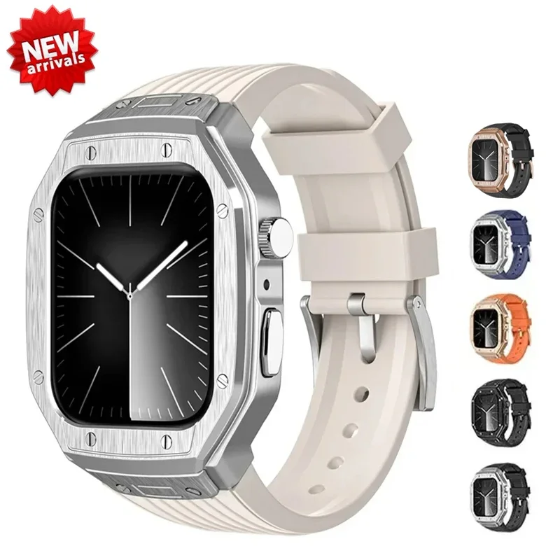 

Luxury Modification Kit Metal Case+TPU Strap Replacement Accessories Compatible for I Watch Series 9 8 7 45mm 6 5 4 Se 44mm