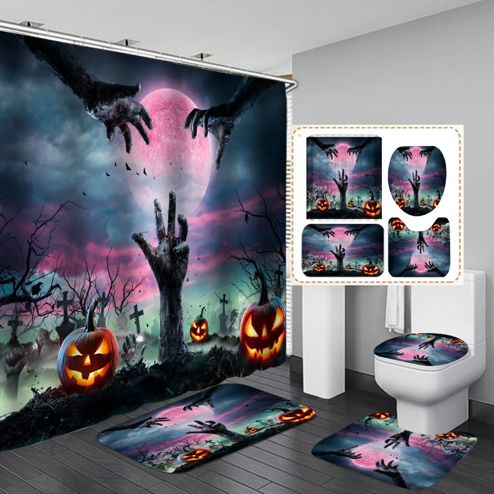 Halloween Shower Curtain Set 4PCS with Toilet Lid Cover Bath Area Mat Toilet Lid Cover Haunted House Horror Bathroom Decor