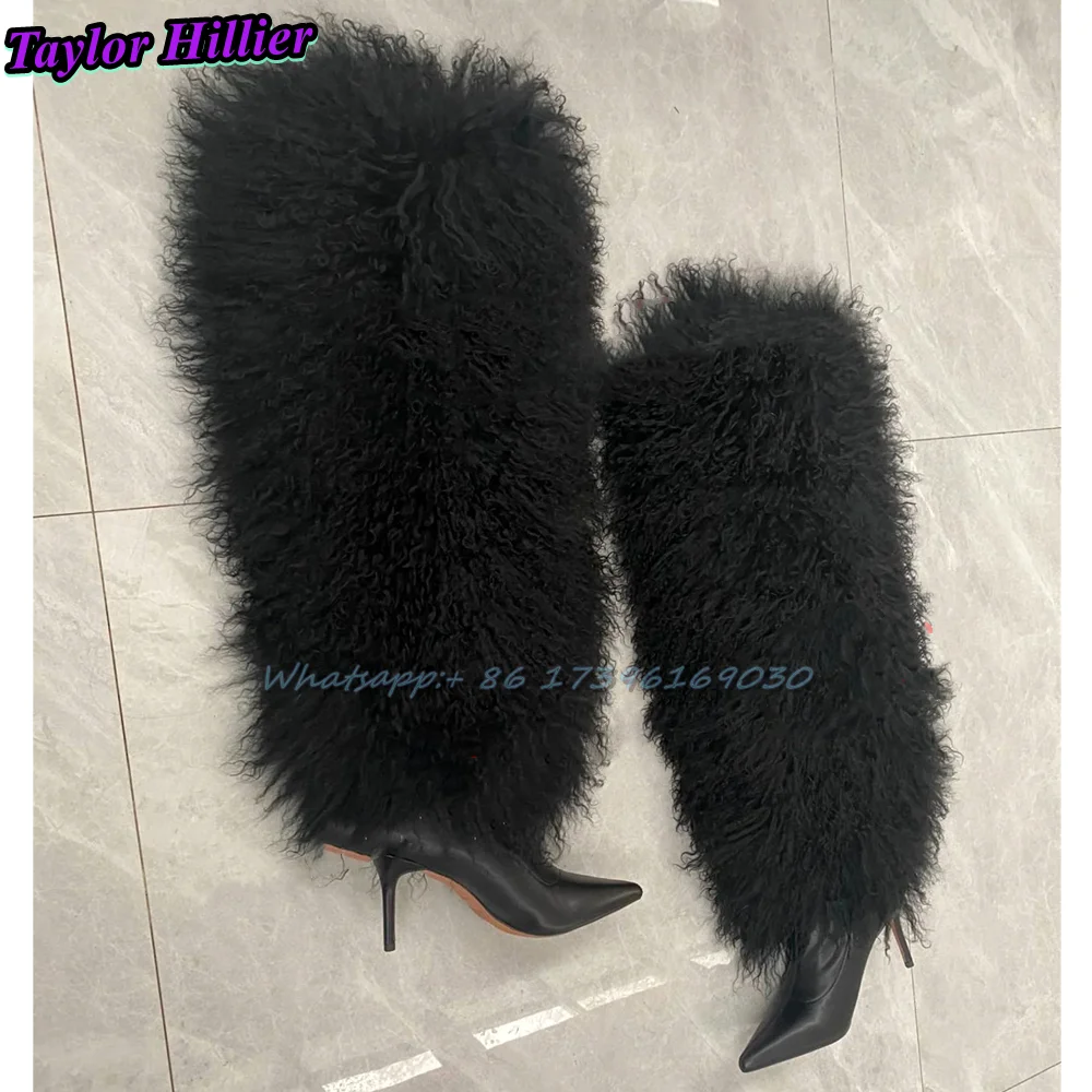 Fur Boots Women Over-The-Knee Sexy Pointed Toe Stiletto High Heel Solid High Quality Warm Snow Shoes Winter Luxury Plus Size