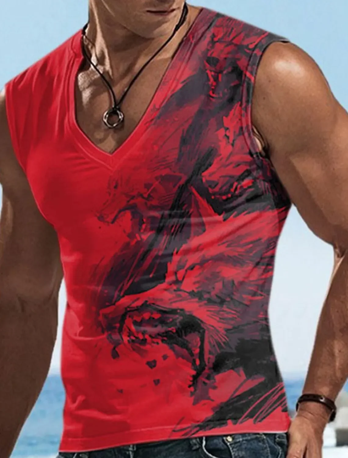 Personalized Men's Vest Men's Wolf Pattern Sleeveless T-shirt V-neck Clothing 3D Printing Sports Boxing Sleeveless Casual Top