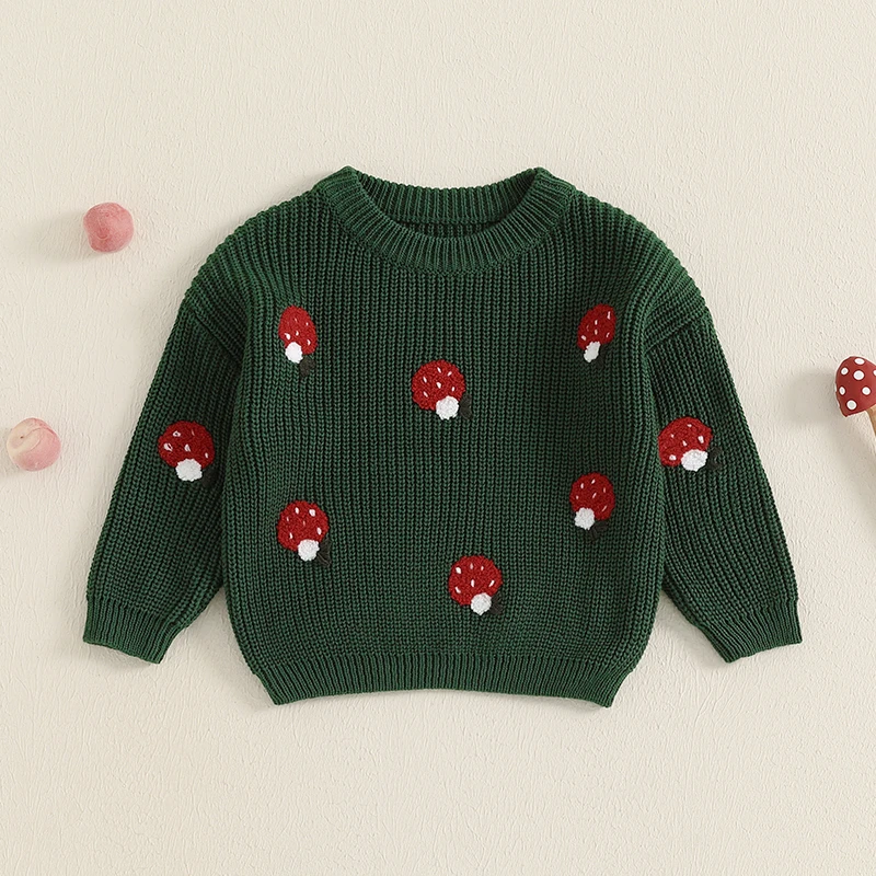 Newborn Girl Boy Sweater Casual Mushroom Embroidery Warm Knitted Long Sleeves Pullover Infant Knitwear for Toddler