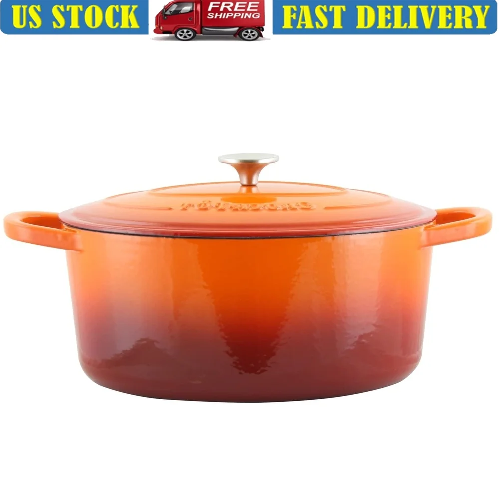 

7 Quart Cast Iron Non-Stick Dutch Oven Self Basting Lid Enameled Cookware Oversized Handles Easy Cleanup Family Meals