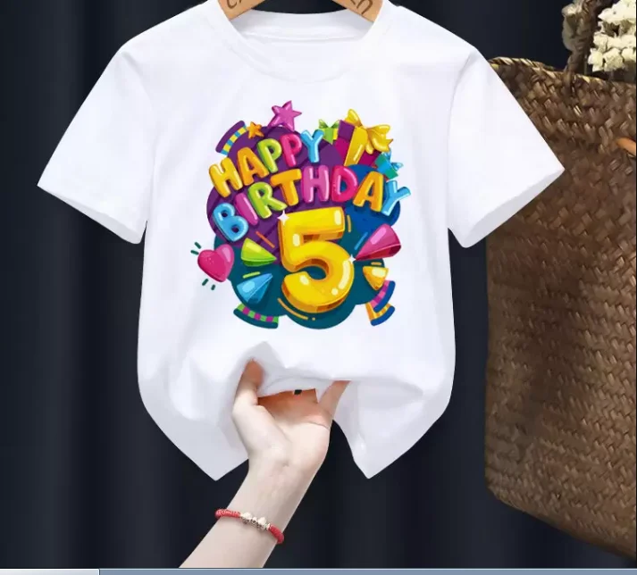 Selamat Ulang Tahun 2-9 cetak anak laki-laki dan perempuan T-shirt putih anak-anak musim panas Harajuku pakaian lucu bayi kecil