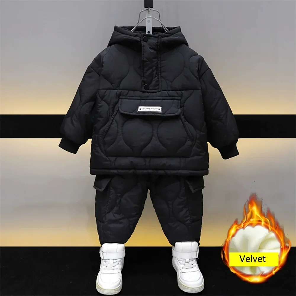الشتاء الاطفال الفتيان القطن مقنعين معاطف + السراويل 2 قطعة الاطفال الصوف سنوسويت سميكة الدافئة المخملية الأطفال الملابس مجموعات 2-10 سنة
