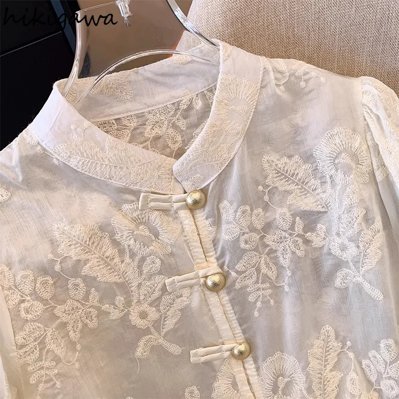 Chinese Style Women Blouses O-neck Long Sleeve Lace Shirts Temperament Single Breasted Loose Embroidery Tops Camisas De Mujer