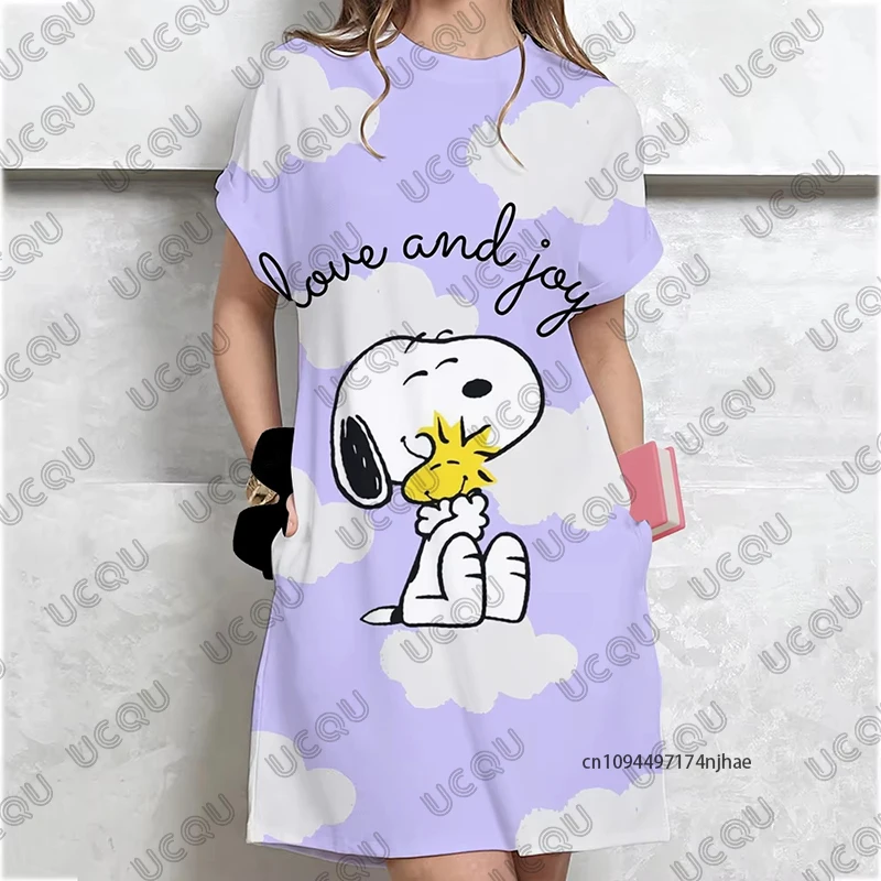 MINISO Nowa Urocza Sukienka Damska z Nadrukiem Snoopy, Letnia, Seksowna, Krótki Rękaw, Sukienka-T-shirt, Imprezowa, Codzienna, Modna, Luźna Sukienka Damska