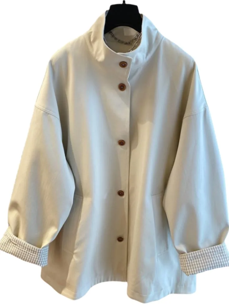 Spring Autumn Plus Size Loose Collar Plaid Jacket Coat Women New Temperament Fashion Joker Contrast Windbreaker Ladies Jackets