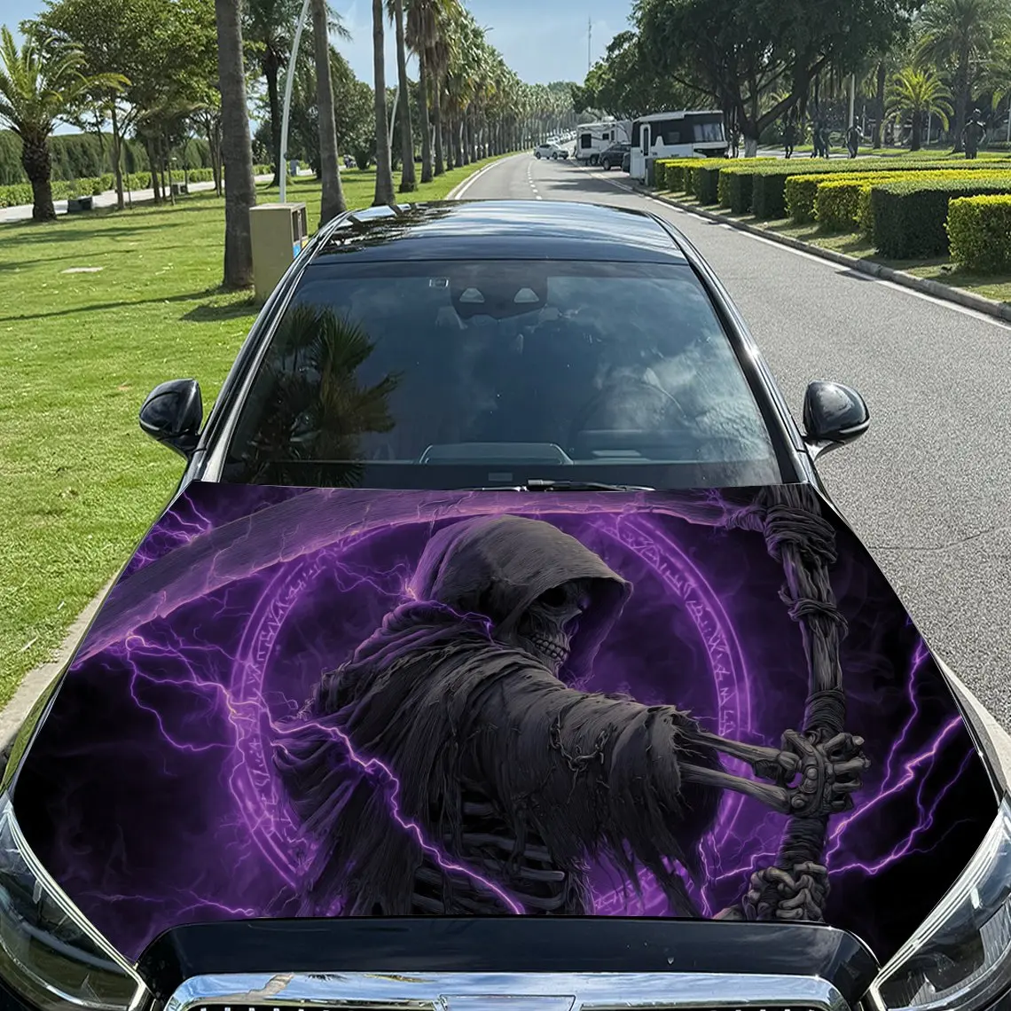 

Purple-lightning Reaper Pattern car hood stickers, waterproof self-adhesive, scratch resistant, easy to stick, durable car PVC s