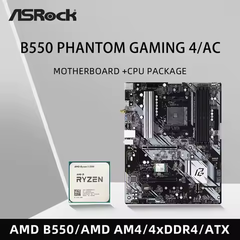 ASRock B550 Phantom Gaming 4/AC Motherboard Set Kit with Ryzen 5 5500 CPU 4xDDR4 4533MHz M.2 NVME HDMI PCIe4.0 ATX AM4 Mainboard