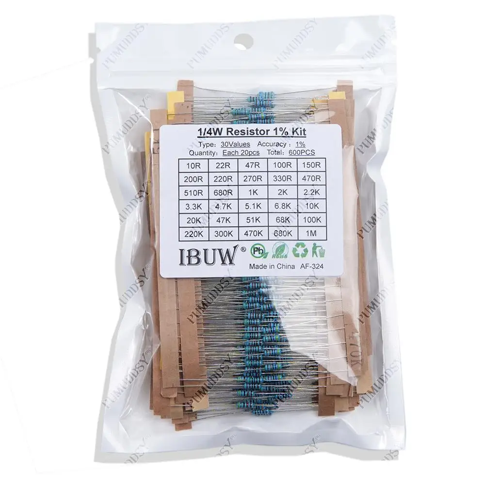 600PCS 1/4W 1% 30 Values*20PCS Metal Film Resistor Assortment Kit Set Pack Electronic Diy Kit Resistor
