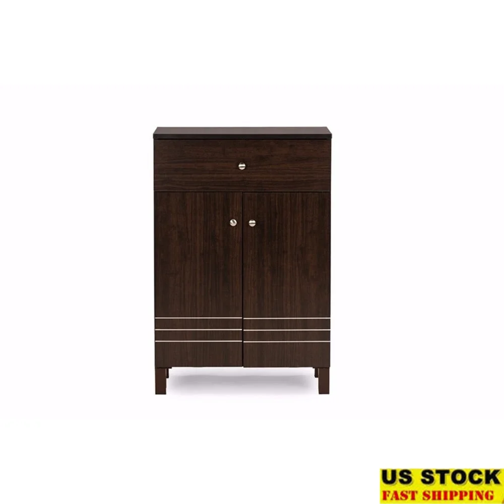 

Modern Dark Brown Shoe Cabinet with 2 Doors and Drawer Engineered Wood Storage Unit 3 Shelves Footwear Accessories