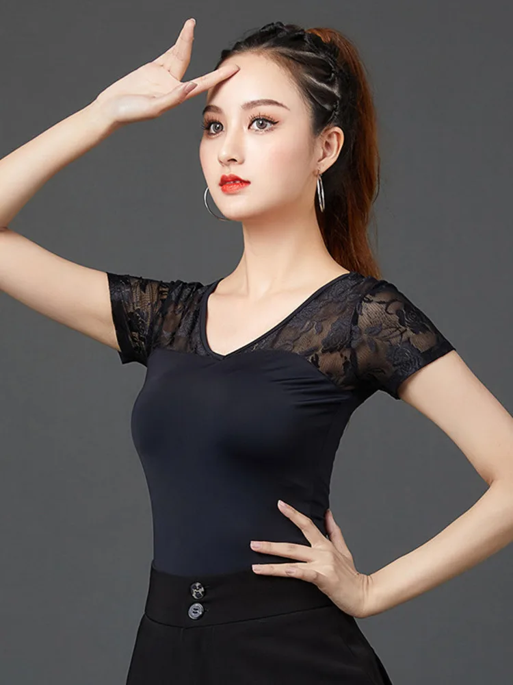 Mesh Patchwork Evening Tops Dance Sports Costume Women Latin Clothes Slim Fit Pole Practice Wear V Neck Ballroom Shirt