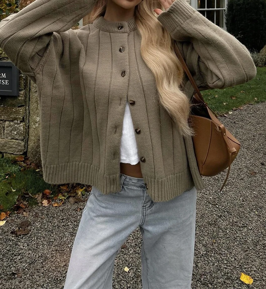 Loose Sweater Cardigan 2025 Autumn/winter Round Neck Sweater Knitted Cardigan for Women