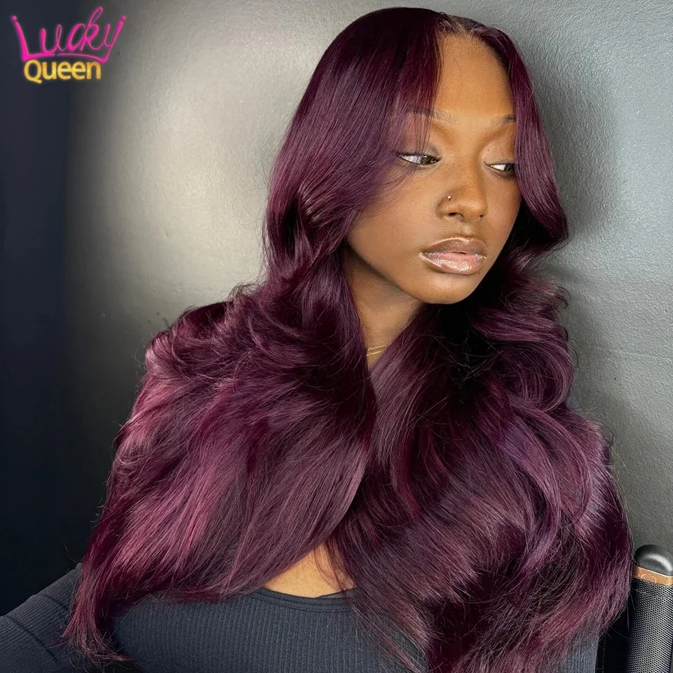 Colorful Bird Dark Purple Human Hair Wig Body Wave Deep Burgundy 13x4 Transparent Lace Front Wigs 180% Density for Women