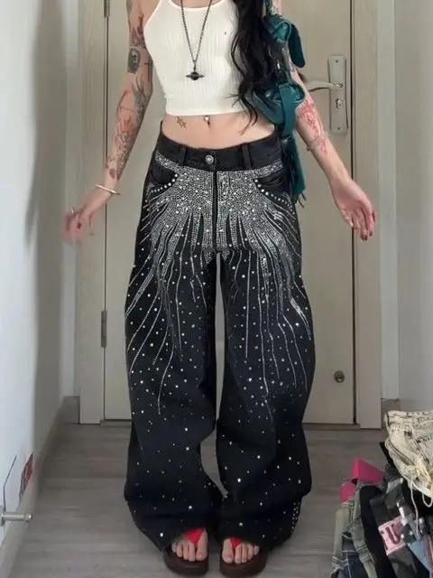 

American vibe large size washed gypsy hot diamond scimitar jeans women's street loose and thin wide-leg trousers