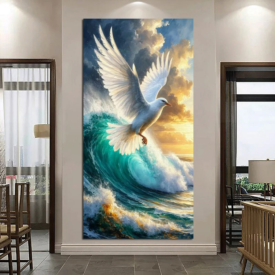 

Набор для вышивания алмазной мозаикой «Белая птица на волнах», большой размер, DIY, с полным покрытием квадратными или круглыми стразами, с изображением животных и пейзажей