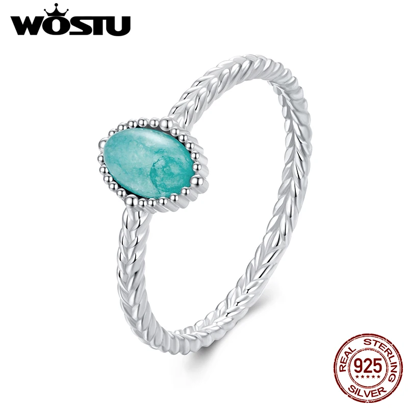 WOSTU Retro 925 Sterling silver Natural Oval Amazonite Rings For Women Handmade Jewelry Gift Solitaire Stackable Ring Party Gift