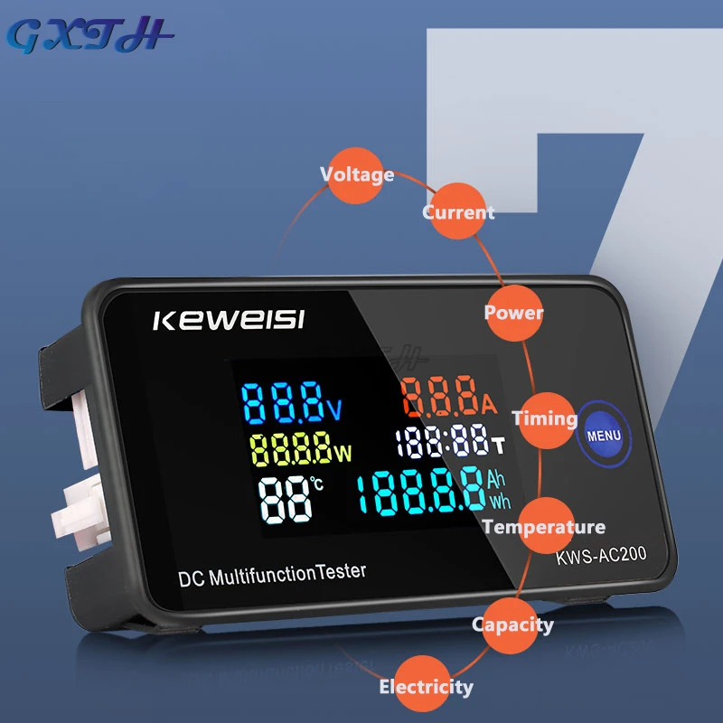 0-200V 0-100A DC Digital Voltage Ammeter Multifunction Color Screen Electric Vehicle Voltmeter Energy Monitor KWS-DC200