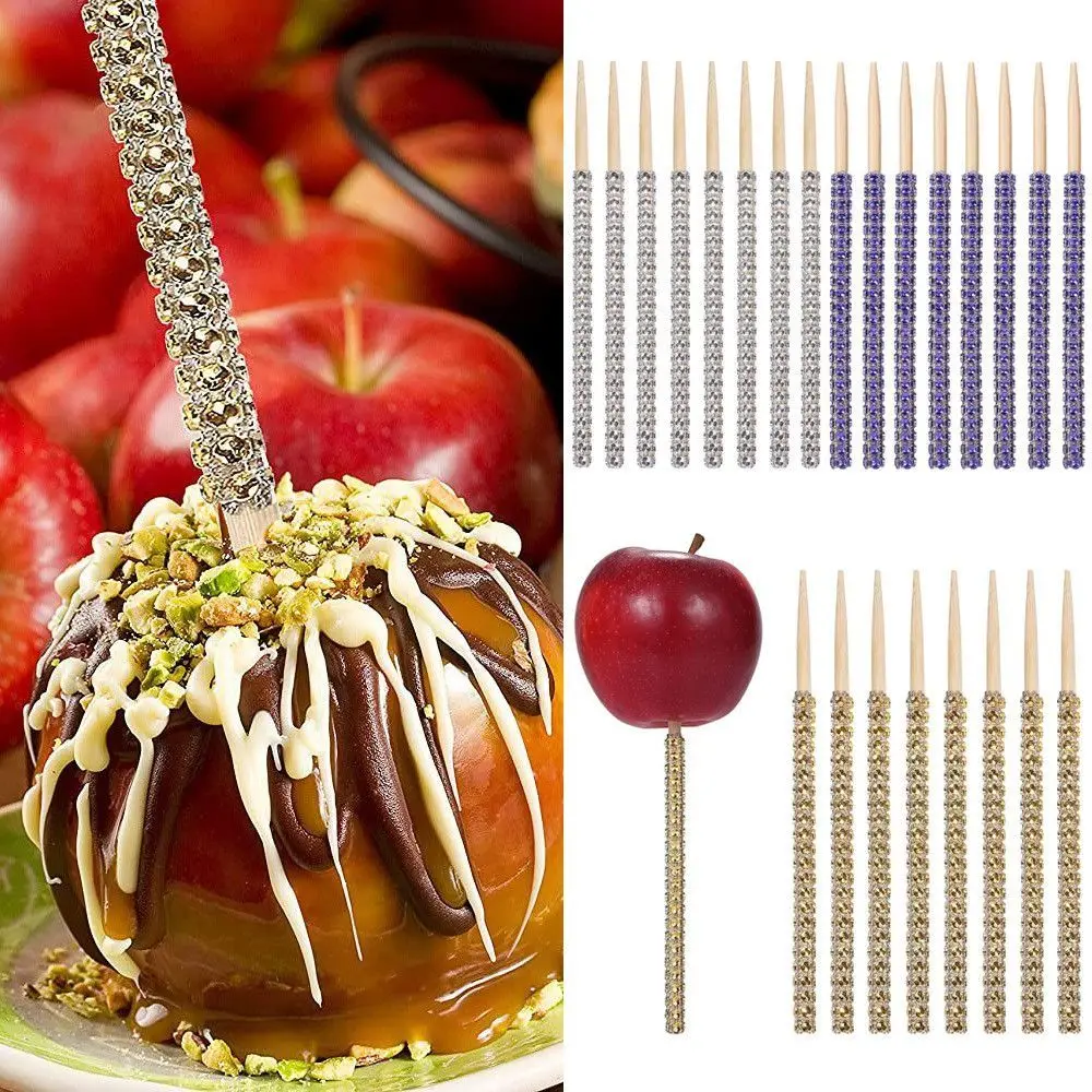 Portable Rhinestone Apple Sticks Bling Bamboo Cake Chocolate Caramel Sticks Party Decoration Supplies Candy Sticks Buffet Salad