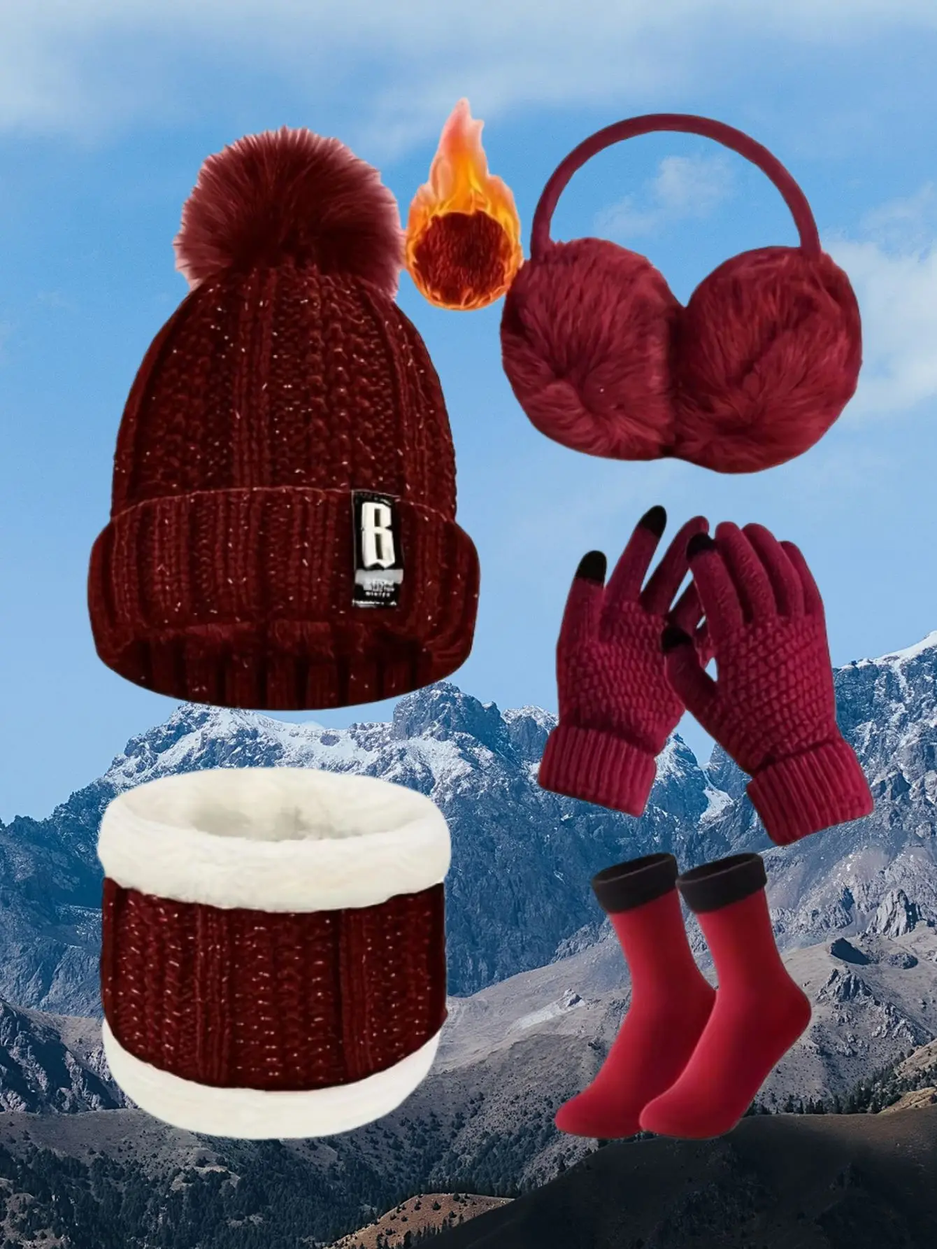 Immagine 3: Set multipezzi unisex invernale caldo e alla moda con cappello ispessito, scaldacollo, guanti, paraorecchie e calzini