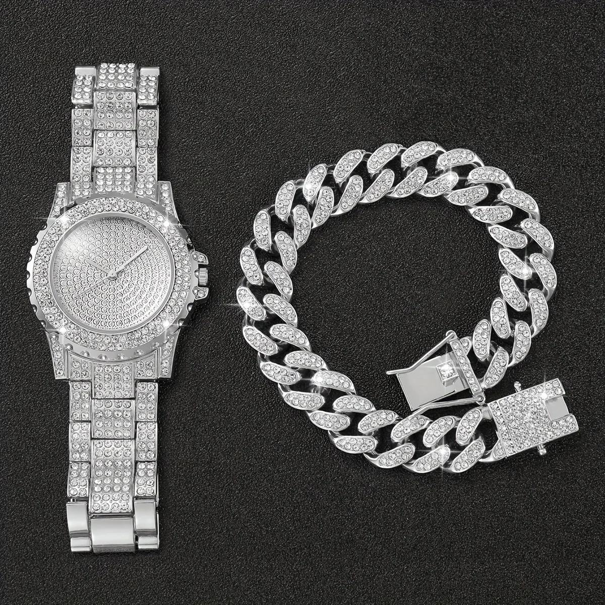 ชุดสร้อยข้อมือควอทซ์พลอยเทียม2ชิ้น-สแตนเลสเก๋ไก๋และหรูหราเหนือกาลเวลา-คริสตัลเต็มรูปแบบ